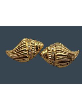 Vtg KJL For Avon Conch Shell Post Earrings Gold Plated Crystal Accent 1980s